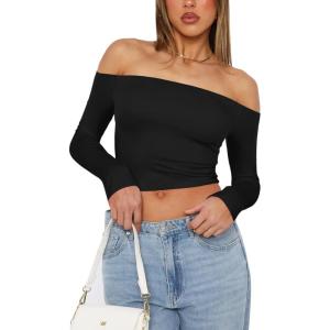 imageREORIA Womens Sexy Off Shoulder Long Sleeve Basic Shirts Double Lined Slim Fitted Trendy Lightweight Y2K Going Out Crop TopBlack