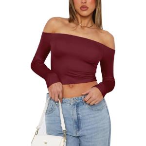 imageREORIA Womens Sexy Off Shoulder Long Sleeve Basic Shirts Double Lined Slim Fitted Trendy Lightweight Y2K Going Out Crop TopBurgundy