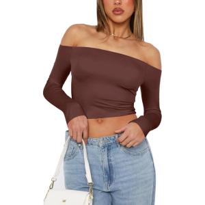 imageREORIA Womens Sexy Off Shoulder Long Sleeve Basic Shirts Double Lined Slim Fitted Trendy Lightweight Y2K Going Out Crop TopCocoa