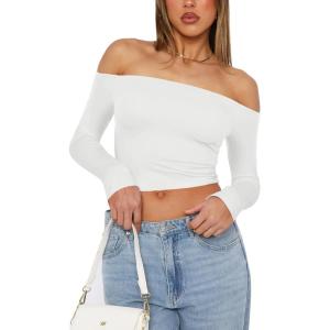 imageREORIA Womens Sexy Off Shoulder Long Sleeve Basic Shirts Double Lined Slim Fitted Trendy Lightweight Y2K Going Out Crop TopWhite