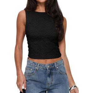 imageREORIA Womens Sexy Open Back High Neck Sleeveless Tank Top Y2k Lace Twist Backless Crop TopsBlack