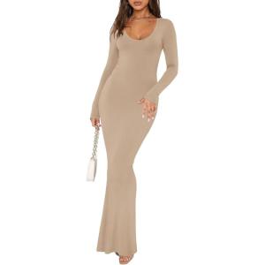 imageREORIA Womens Sexy Scoop Neck Long Sleeve Lounge Long Dress Ribbed Bodycon Maxi DressesKhaki