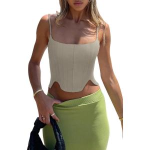 imageREORIA Womens Sexy Square Neck Trendy Sleeveless Adjustable Spaghetti Strap Corset Tank Crop TopsAntique Pewter