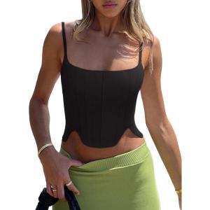 imageREORIA Womens Sexy Square Neck Trendy Sleeveless Adjustable Spaghetti Strap Corset Tank Crop TopsBlack