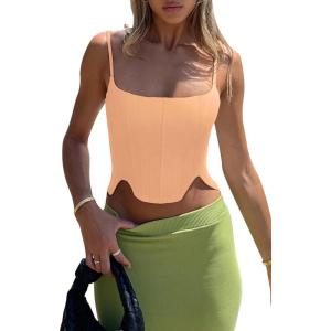imageREORIA Womens Sexy Square Neck Trendy Sleeveless Adjustable Spaghetti Strap Corset Tank Crop TopsPeach Fuzz