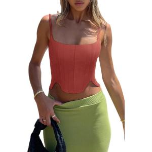 imageREORIA Womens Sexy Square Neck Trendy Sleeveless Adjustable Spaghetti Strap Corset Tank Crop TopsRusty Red