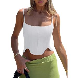 imageREORIA Womens Sexy Square Neck Trendy Sleeveless Adjustable Spaghetti Strap Corset Tank Crop TopsWhite
