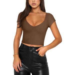 imageREORIA Womens Trendy Sexy V Neck Short Sleeve Double Lined Slimming T Shirts Crop Tops TeesCoffee