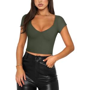 imageREORIA Womens Trendy Sexy V Neck Short Sleeve Double Lined Slimming T Shirts Crop Tops TeesGrey Green