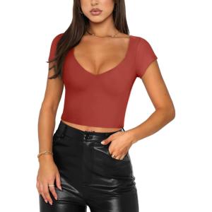 imageREORIA Womens Trendy Sexy V Neck Short Sleeve Double Lined Slimming T Shirts Crop Tops TeesRusty Red