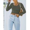 imageREORIA Womens Basic Casual Long Sleeve Crew Neck Double Lined Tight T Shirts Crop Tops Basic Tee TopsGrey Green