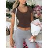 imageREORIA Womens Basic Going Out Scoop Neck Crop Tops Tees Short Sleeve Fitted Tshirts ShirtsCoffee