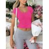 imageREORIA Womens Basic Going Out Scoop Neck Crop Tops Tees Short Sleeve Fitted Tshirts ShirtsNeon Rose Red