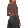 imageREORIA Womens Sexy Square Neck Long Sleeve Stretchy Mesh Basic Tee Tops Knit Slim Fitted Y2k Going Out Crop TopCoffee