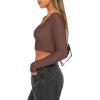 imageREORIA Womens Sexy Square Neck Long Sleeve Stretchy Mesh Basic Tee Tops Knit Slim Fitted Y2k Going Out Crop TopCoffee