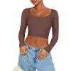 imageREORIA Womens Sexy Square Neck Long Sleeve Stretchy Mesh Basic Tee Tops Knit Slim Fitted Y2k Going Out Crop TopCoffee