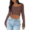 imageREORIA Womens Sexy Square Neck Long Sleeve Stretchy Mesh Basic Tee Tops Knit Slim Fitted Y2k Going Out Crop TopCoffee