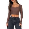 imageREORIA Womens Sexy Square Neck Long Sleeve Stretchy Mesh Basic Tee Tops Knit Slim Fitted Y2k Going Out Crop TopCoffee