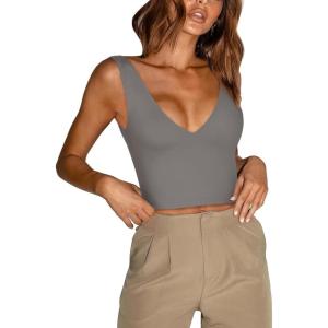 imageREORIA Butsmooth Womens Trendy Sexy Plunge Deep V Neck Sleeveless V Backless Slim Fit Going Out Crop Tank TopsDeep Grey