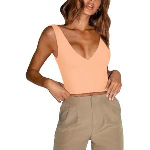 imageREORIA Butsmooth Womens Trendy Sexy Plunge Deep V Neck Sleeveless V Backless Slim Fit Going Out Crop Tank TopsPeach Fuzz