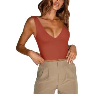 imageREORIA Butsmooth Womens Trendy Sexy Plunge Deep V Neck Sleeveless V Backless Slim Fit Going Out Crop Tank TopsRusty Red