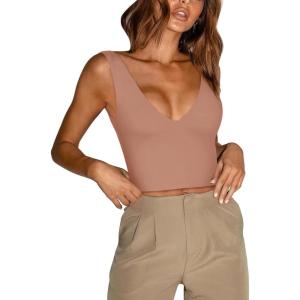 imageREORIA Butsmooth Womens Trendy Sexy Plunge Deep V Neck Sleeveless V Backless Slim Fit Going Out Crop Tank TopsSienna