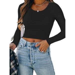 imageREORIA Womens Basic Casual Long Sleeve Crew Neck Double Lined Tight T Shirts Crop Tops Basic Tee TopsBlack