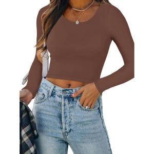 imageREORIA Womens Basic Casual Long Sleeve Crew Neck Double Lined Tight T Shirts Crop Tops Basic Tee TopsCoffee