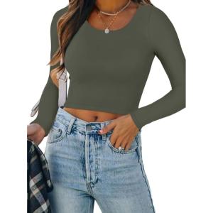 imageREORIA Womens Basic Casual Long Sleeve Crew Neck Double Lined Tight T Shirts Crop Tops Basic Tee TopsGrey Green