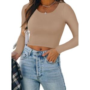 imageREORIA Womens Basic Casual Long Sleeve Crew Neck Double Lined Tight T Shirts Crop Tops Basic Tee TopsKhaki