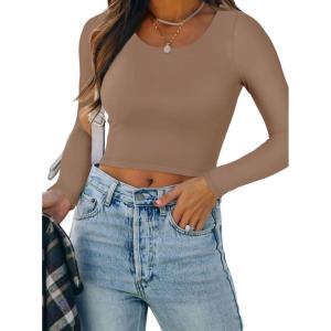 imageREORIA Womens Basic Casual Long Sleeve Crew Neck Double Lined Tight T Shirts Crop Tops Basic Tee TopsLatte