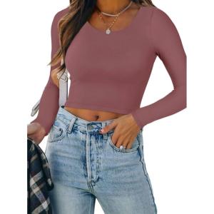 imageREORIA Womens Basic Casual Long Sleeve Crew Neck Double Lined Tight T Shirts Crop Tops Basic Tee TopsMasala