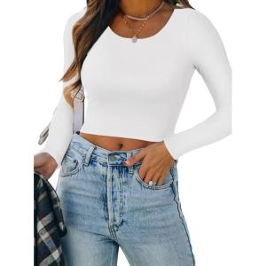 imageREORIA Womens Basic Casual Long Sleeve Crew Neck Double Lined Tight T Shirts Crop Tops Basic Tee TopsWhite