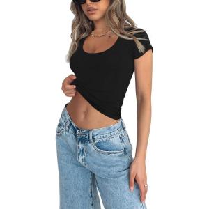 imageREORIA Womens Basic Going Out Scoop Neck Crop Tops Tees Short Sleeve Fitted Tshirts ShirtsBlack