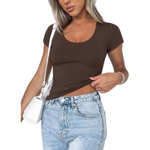 imageREORIA Womens Basic Going Out Scoop Neck Crop Tops Tees Short Sleeve Fitted Tshirts ShirtsCoffee