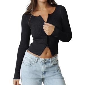 imageREORIA Womens Fall Trendy Double Zip Up Long Sleeve Soft Knit Lightweight Cropped Cardigan SweatersBlack