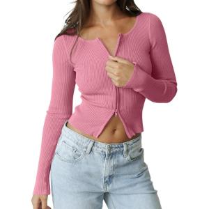 imageREORIA Womens Fall Trendy Double Zip Up Long Sleeve Soft Knit Lightweight Cropped Cardigan SweatersPink