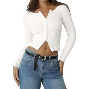 imageREORIA Womens Fall Trendy Double Zip Up Long Sleeve Soft Knit Lightweight Cropped Cardigan SweatersWhite