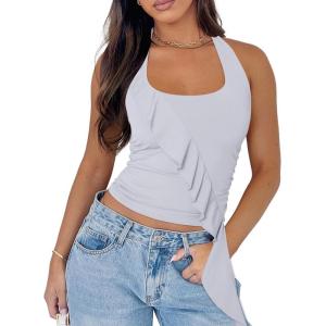 imageREORIA Womens Sexy Halter Neck Backless Tank Tops 2025 Summer Going Out Top Y2K Trendy Sleeveless Crop ShirtsWhite