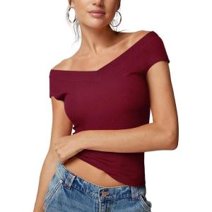 imageREORIA Womens Sleeveless V Neck Tank Tops Basic Tops Cap Sleeve T Shirt Tee Spring Summer Tops Casual Slim Fit Ribbed TopWine Red