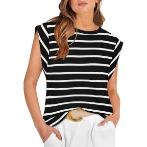imageREORIA Womens Summer Cap Sleeve Cotton Tank Tops 2025 Fashion Outfits Loose Fit Dressy Basic Tees ShirtsBlack Striped