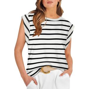 imageREORIA Womens Summer Cap Sleeve Cotton Tank Tops 2025 Fashion Outfits Loose Fit Dressy Basic Tees ShirtsWhite Striped