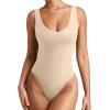 imageREORIA Butsmooth Womens Sexy Deep V Neck Backless Sleeveless Double Lined Thong Bodysuits for Going OutNude