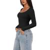 imageREORIA Womens Long Sleeve Shirts Basic Crop Tops Square Neck Slim Y2K Fit Fall Winter Cute Clothes OutfitsBlack