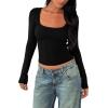 imageREORIA Womens Long Sleeve Shirts Basic Crop Tops Square Neck Slim Y2K Fit Fall Winter Cute Clothes OutfitsBlack