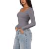 imageREORIA Womens Long Sleeve Shirts Basic Crop Tops Square Neck Slim Y2K Fit Fall Winter Cute Clothes OutfitsGrey