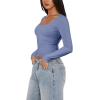 imageREORIA Womens Long Sleeve Shirts Basic Crop Tops Square Neck Slim Y2K Fit Fall Winter Cute Clothes OutfitsGrey Blue