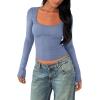 imageREORIA Womens Long Sleeve Shirts Basic Crop Tops Square Neck Slim Y2K Fit Fall Winter Cute Clothes OutfitsGrey Blue