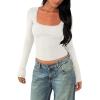 imageREORIA Womens Long Sleeve Shirts Basic Crop Tops Square Neck Slim Y2K Fit Fall Winter Cute Clothes OutfitsWhite