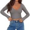 imageREORIA Womens Sexy Casual V Neck Long Sleeve Double Lined Fitted Going Out T Shirts Crop Tops TeesDark Grey